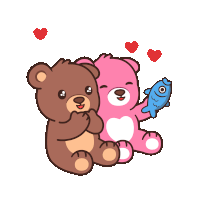 a brown teddy bear is hugging a pink teddy bear holding a fish