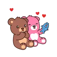 a brown teddy bear is hugging a pink teddy bear holding a fish