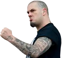 a man with a tattoo on his arm that says ' god 's blood ' on it