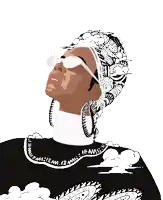 a black and white drawing of a woman wearing sunglasses and a headdress