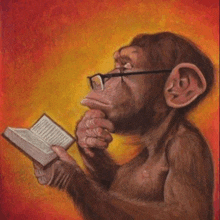 a painting of a chimpanzee wearing glasses reading a book