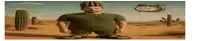 a cartoon man is standing in the middle of a desert surrounded by cactus .