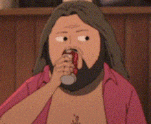 a cartoon of a man with a beard drinking from a can