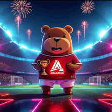 a teddy bear wearing an avalanche shirt holds a trophy