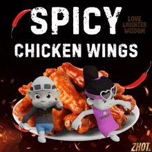 an advertisement for spicy chicken wings with a boy and a girl
