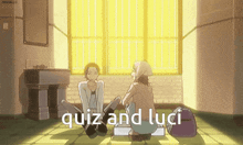 a couple of anime characters sitting on the floor with the words quiz and luci written on the bottom