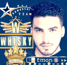 a man with a beard stands in front of a sign that reads whisky