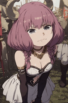 a girl with pink hair and horns is making a funny face