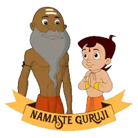 a cartoon of a man with a beard and a boy with a namaste guruji banner