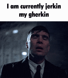 a man in a suit and tie says " i am currently jerkin my gherkin "