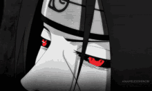 a close up of a person 's face with red eyes and the words annamelessshinobi below