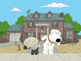 a cartoon of stewie and brian from family guy standing in front of a house
