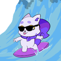 a cartoon cat wearing sunglasses and a scarf is riding a wave