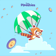 a cartoon of a red panda flying through the air with a green and white parachute with the words the plooshies on the bottom