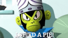 a cartoon monkey is saying i spied a pie !