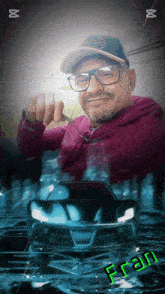 a man wearing glasses and a baseball cap with the name fran on the bottom right