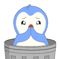a blue and white penguin is sitting in a trashcan