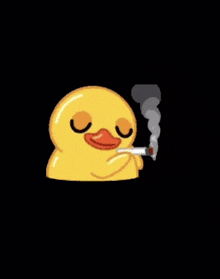 a rubber duck is smoking a cigarette with its eyes closed .