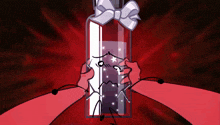 a cartoon drawing of a person holding a bottle with a bow on it