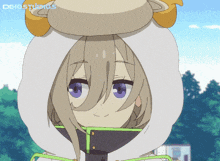 a girl with purple eyes is wearing a white hoodie and a hat with horns