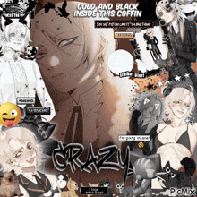 a collage of anime characters with the words " cold and black inside this coffin " at the top