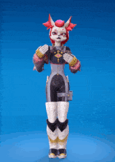 a cartoon character with a blue background is standing with her hands outstretched