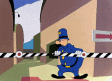 a cartoon of a police officer holding a barrier with a red arrow pointing to the right