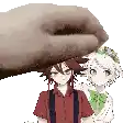 a hand is touching a boy and a girl 's head .