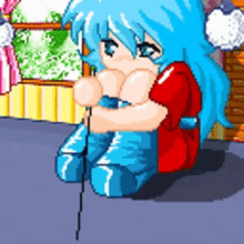 a pixel art of a girl with blue hair and red boots