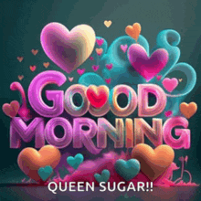 a colorful good morning greeting card with hearts and balloons