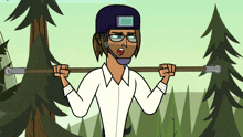 a cartoon of a man holding a stick with a helmet on his head
