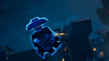 a cartoon character is flying through the air in front of a large green object