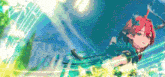 a girl with red hair and horns is flying in the air