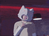 a man wearing a hat with a cat face on it