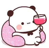 a cartoon panda bear is sitting on a pink pillow holding a glass of wine .