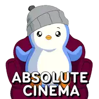 a penguin wearing a beanie sits in a chair with the words " absolute cinema " below it