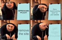 gru from despicable me is holding a clipboard that says impressums pflicht