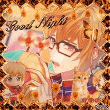a picture of a man with glasses and a cat with the words good night on it