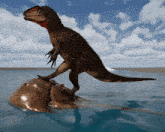 a dinosaur is standing on a rock in the middle of a body of water