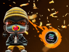 a cartoon character with a pacifier in his mouth stands in front of a coin that says solana