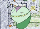 a drawing of a green cartoon character with a purple haircut and big teeth .
