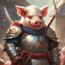 a pig wearing armor and holding a sword in its mouth