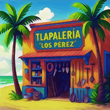 a cartoon illustration of tlapaleria los perez on the beach