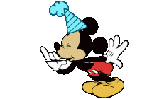 a cartoon drawing of mickey mouse wearing a party hat and blowing a party horn