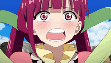 a close up of a girl with pink hair and a surprised look on her face