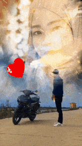 a man is standing in front of a motorcycle with a woman behind him and a red heart with an x on it