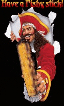 a man in a pirate costume is holding a fish stick in his hand .