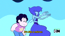 a cartoon character says it 's like a mirror while standing next to another character
