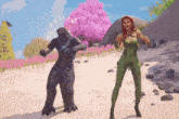 a woman in a green jumpsuit is dancing next to a monster