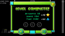a screenshot of a game that says level complete attempts 76 jumps 724 time 11:50
